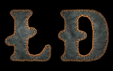 Set of symbols litecoin and dashcoin made of leather. 3D render font with skin texture isolated on black background.