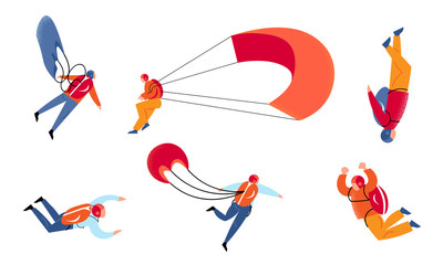 Set of young people skydivers with parachutes enjoying levitation vector illustration