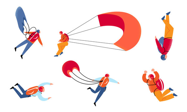 Set of young people skydivers with parachutes enjoying levitation vector illustration