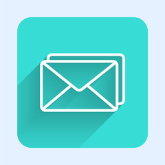 White line Envelope icon isolated with long shadow. Email message letter symbol. Green square button. Vector Illustration