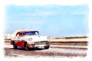 Digital watercolor of an american classic car passing by the Malecon seawall in Havana, Cuba