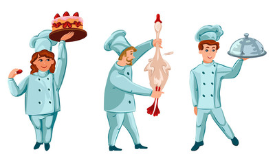 Smiling people professional cooks in special uniform making food vector illustration