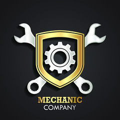3d silver gold mechanic theme logo with shield gear and wrench