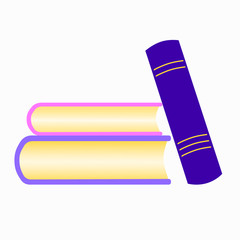 A stack of books. Two books are lying and one is standing. The concept of study and knowledge. Stock vector simple flat illustration in violet tones isolated on a white background.