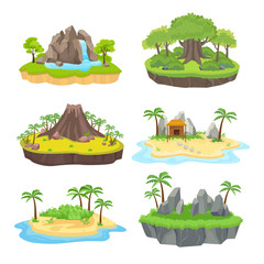 Natural island set. Tropical isometric green island with palm and trees, with a brown volcano in the center, yellow bungalow on the shore, blue waterfall. Vector graphics in flat style. © alex_cardo