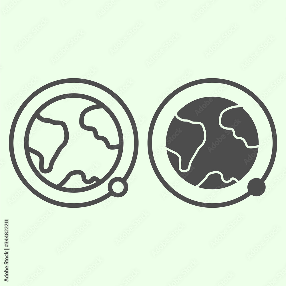 Poster planet earth with orbit line and solid icon. artificial satellites orbiting the planet outline style