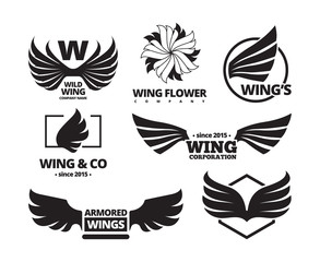 Wing emblem set. A winged black is a force for an eagle, a falcon with insignia of companies, army flight units, a stylized flower of feathers, a logo of freedom, speed. Vector graphics.