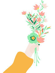 Obraz na płótnie Canvas girl with flower, hand holding a flower bouquet, in pastel color palette, beautiful, vector illustration