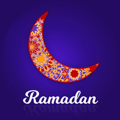 Creative colourful crescent moon with hanging stars for Holy Month of Muslim Community, Ramadan Kareem celebration.