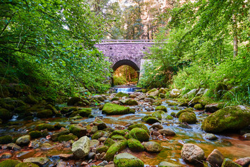 Der Fluss Geroldsauer fließt unter einer schönen Brücke aus grauem Stein, im Hintergrund starkes Sonnenlicht. Buehlertal, Deutschland © Jan