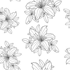 Outline seamless pattern with Rhododendron flower and leaves. Botanical hand drawn black and white vector contour illustration for greeting card, invitation, print, textile, coloring page.