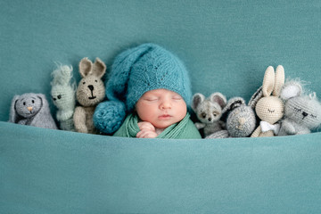 Beautiful newborn with knitted toys