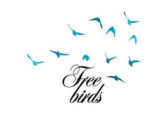 Fototapeta na wymiar A flock of flying blue birds. Mixed media. Vector illustration
