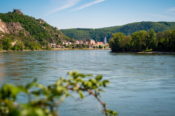 River Danube and Duernstein with the Kuenringer Castle and Blue and White Tower of the Abbey Church...