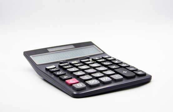 A black calculator on a white background