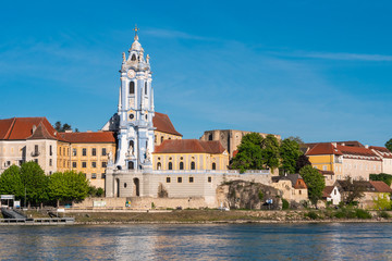 Fototapeta premium Duernstein Abbey Church Tower, a Baroque Blue and White Spire or Steeple in the Wachau Valley, Austria