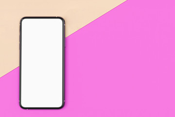 Top view smartphone empty screen template on pastel workspace table with earphone and copy space for background, 3D illustration.