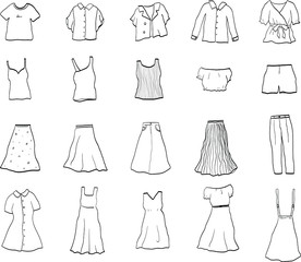 春夏服の手描きイラストのセット／かわいい