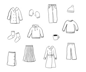冬服の手描きイラストのセット／コート／ニット