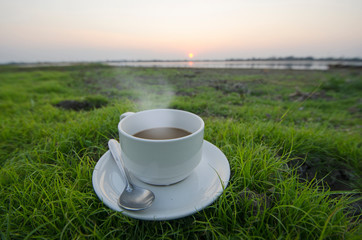 Hot coffee cup on green grass with morning scene