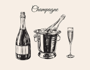Champagne Glass Bottle Bucket Hand Drawing Vector Illustration Bubbles. Alcoholic Drink.