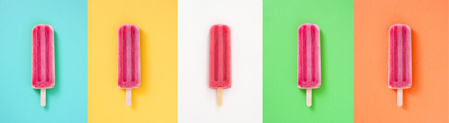 Strawberry popsicle collage on different colorful background
