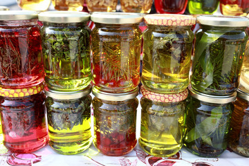 Fototapeta na wymiar Jars with various jam in market
