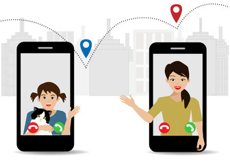 Social distancing. Mother and daughter stay apart communicating via smart phone. City building background with point pins. Vector Illustration. Isolated on white background.
