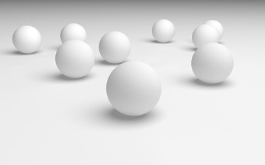 White abstract background. Set of white balls isolated on white backdrop. 3D illustration
