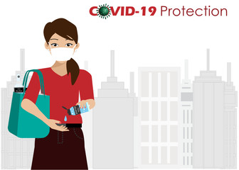 COVID-19 prevention. Woman wearing sugical face mask apply 75% alcohol gel on hands when going outdoor to protect from COVID-19 corona virus spreading. Idea for COVID-19 prevention and protection.