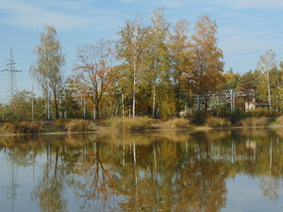Fototapeta na wymiar Jesienny krajobraz nad stawkiem