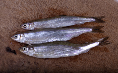 Smelt fish on cutting board