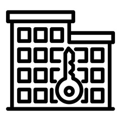 Building and key icon. Outline building and key vector icon for web design isolated on white background
