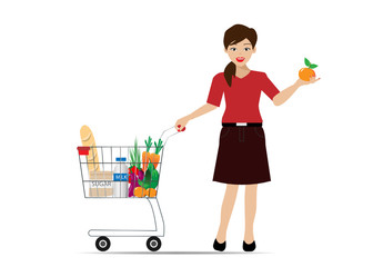 Young beautiful woman with trolley shopping cart, enjoy grocery shopping in a supermarket. Isolated on white background. Vector Illustration. 