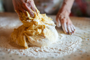 Mother preparing bread and pasta in traditional way. Mother's day concept