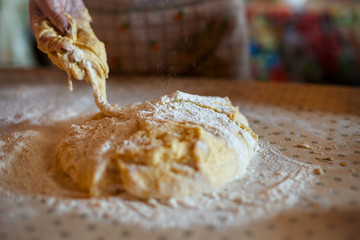 Mother preparing bread and pasta in traditional way. Mother's day concept