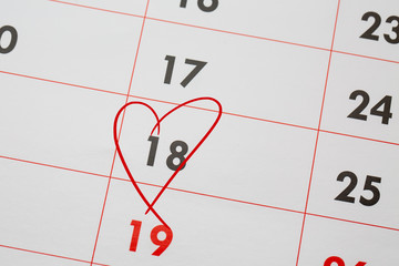 18th Date of the Month marked in red marker pen on a simple planner calendar