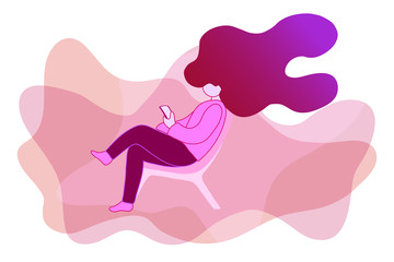 The girl is sitting on a chair with her foot on the other. A woman looks at the phone screen, her hair levitates. Vector pink purple illustration in cartoon style.