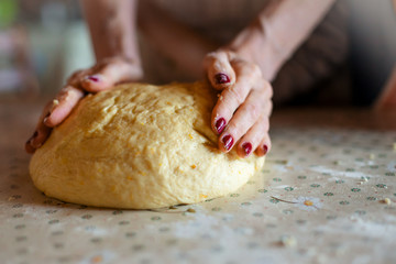Mother preparing bread and pasta in traditional way. Mother's day concept