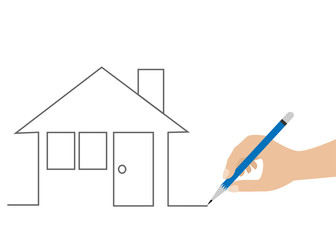 Hand use pencil dranwing line of house. Vector Illustration. Isolated on white background. Idea for people dream to have own house or home loan, real estate mortgage concept. 