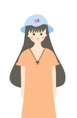 Girl. Doll. Baby. Babygirl. Woman. Illustration drawing. Orange dress. Bow