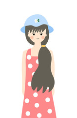 Girl. Doll. Baby. Babygirl. Woman. Illustration drawing. Poka dots. Dress