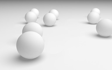 White abstract background. Set of white balls isolated on white backdrop. 3D illustration