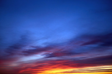 Beautiful landscape of nature and orange sunset on a blue sky with dark and white clouds in the evening. Weather forecast and moderate climate in summer