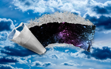 A hole in the day sky with torn edges, as if on paper, with a view into space with stars, nebulae...