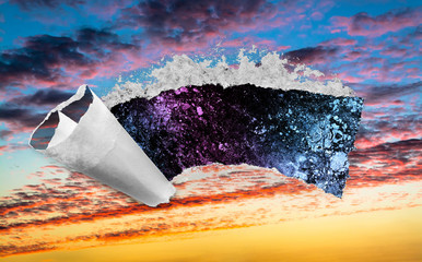 A hole in the sunset sky with torn edges, as if on paper, with a view into space with stars, nebulae and galaxies. Concept of global climate change on Earth, global warming, a hole in space and time.