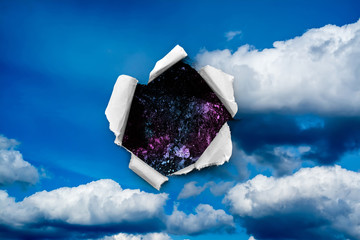 A hole in the day sky with torn edges, as if on paper, with a view into space with stars, nebulae...