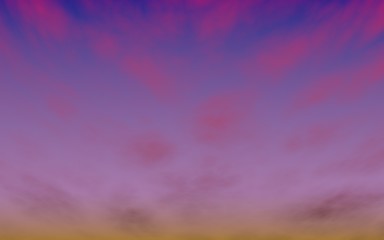 Cumulus pink clouds in the purple sky at sunset. Abstract group of clouds in the evening. 3D illustration