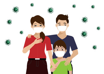 COVID-19 pandemic. Family, father, mother and kid with scared faces wearing surgical face mask ,COVID-19 coronavirus are spreading around. Idea for COVID-19 outbreak, quarantine and awareness.