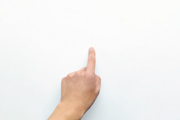 The person's hand points and presses with the index finger on an empty white copy space. Business and technology concepts